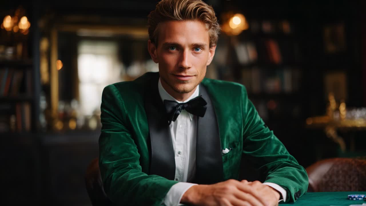 A Stylishly Dapper Individual in a Green Velvet Suit Showcases Sophistication and Elegance While Sitting at a Gaming Table in a Luxurious and Atmospheric Setting with Warm Lighting