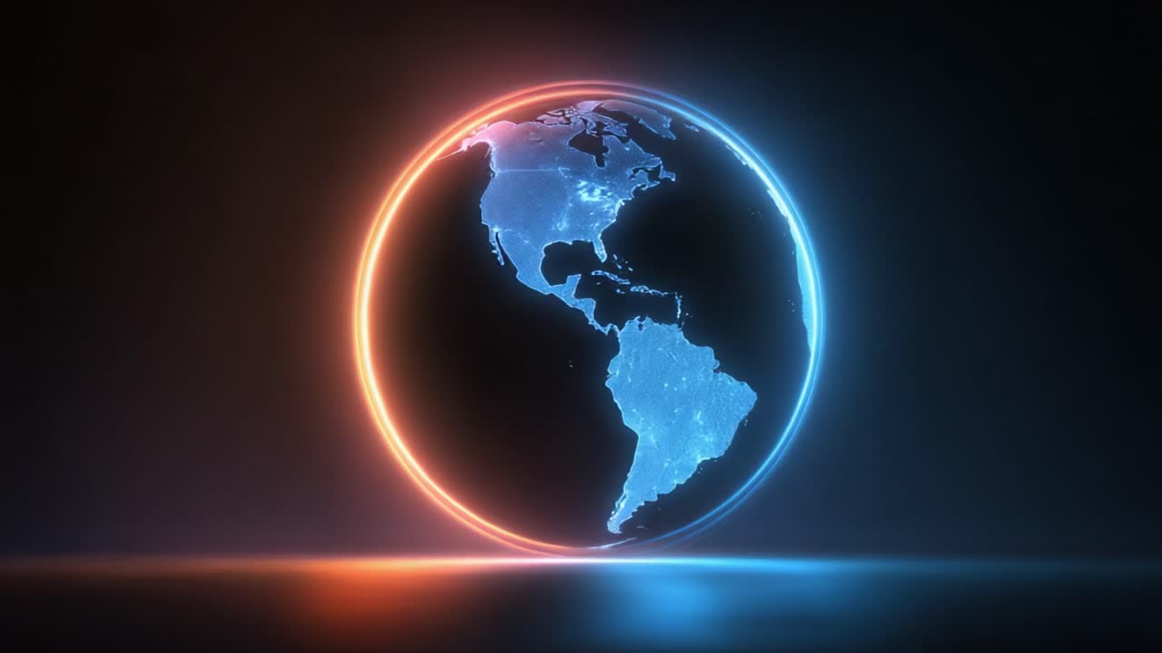 Digital Earth globe rotating with glowing blue continents and surrounded by a neon light ring. Futuristic animation showing America, Europe, and Africa for global business and technology concepts