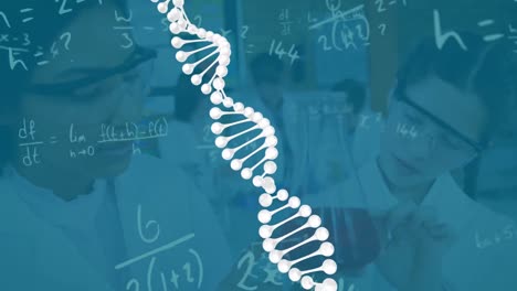 Animation-of-dna-helix,-mathematical-equation,-diverse-female-scientists-examining-liquid-in-beaker