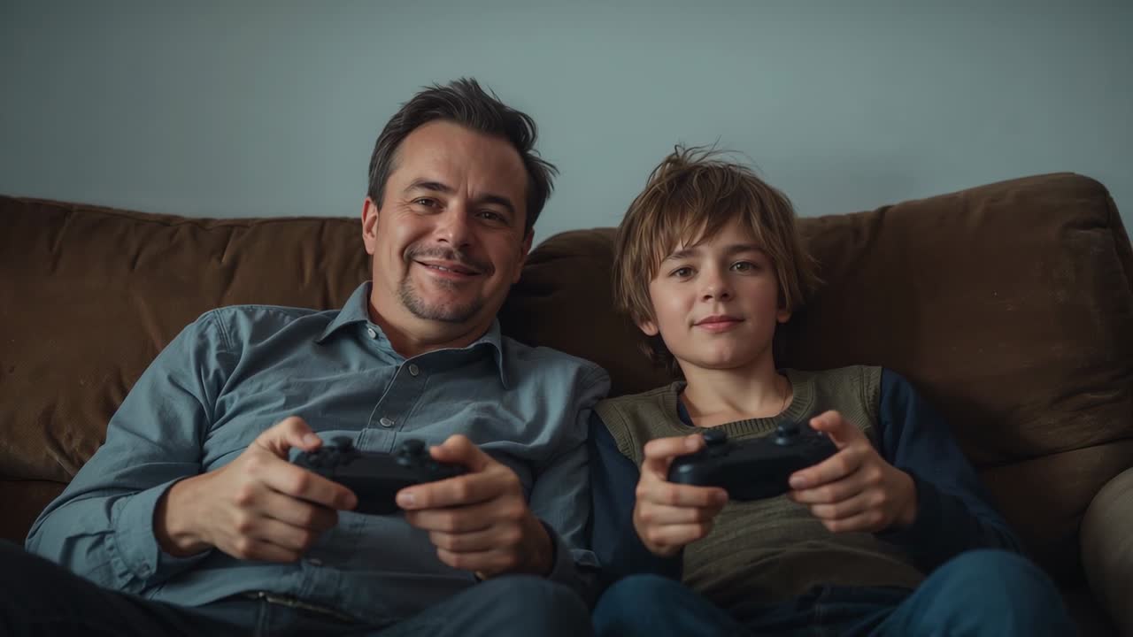 Playing father in blue shirt, teen in long-sleeve pressing controllers as game starts on couch
