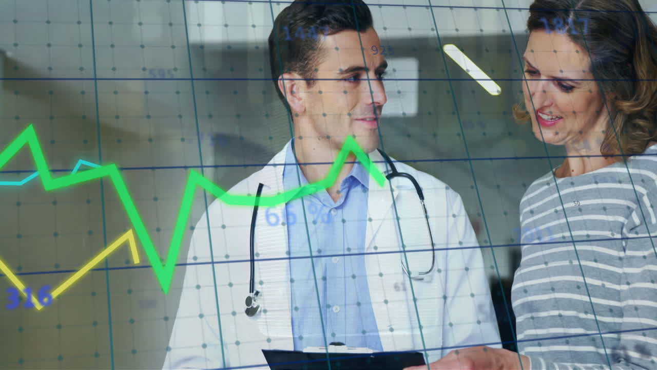 animación de diagramas y procesamiento de datos sobre un médico caucásico hablando con una paciente femenina