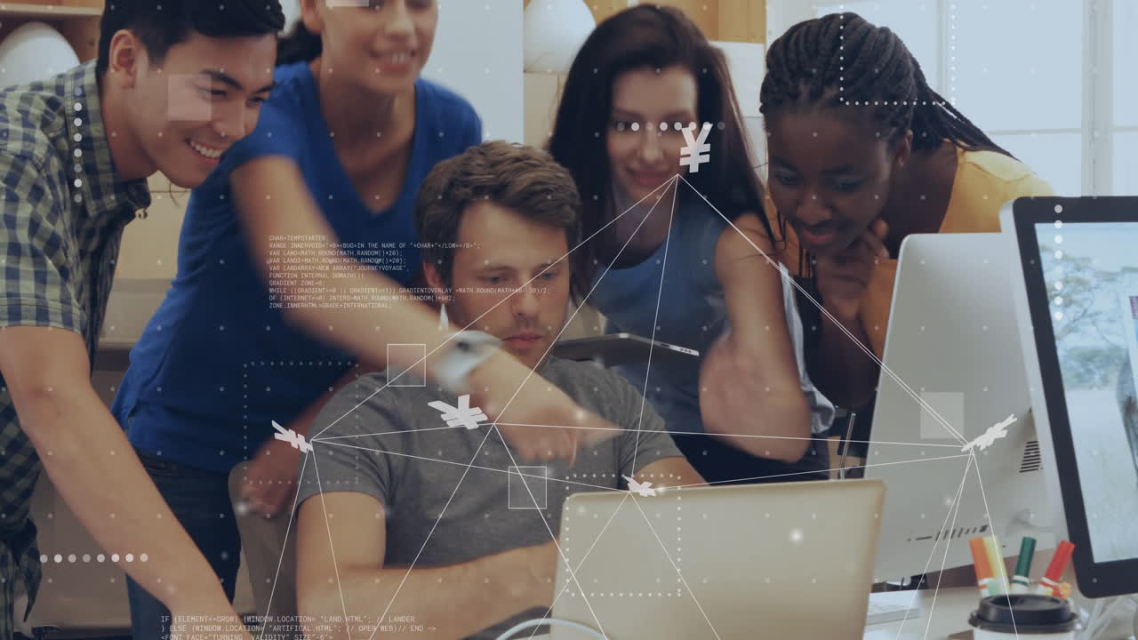 animación del procesamiento de datos financieros sobre diversos colegas que discuten el trabajo en la oficina