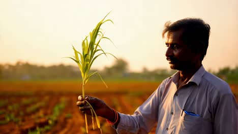 indian farmer examining a young plant