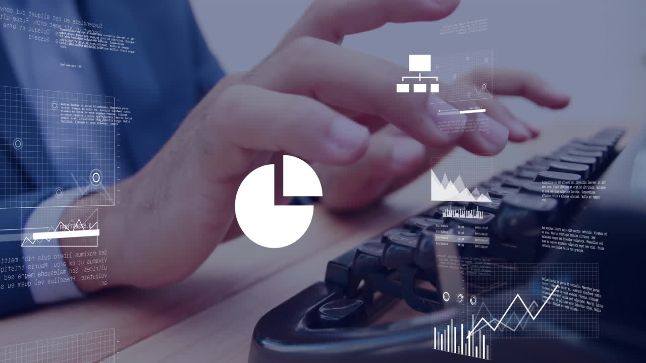 IT specialist typing on wooden desk, viewing digital data overlays with file icons, charts and code