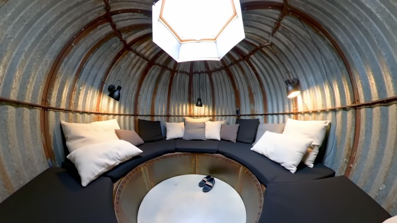Cozy Circular Retreat: A Unique Space with Plush Pillows and Ambient Lighting for Relaxation and Reflection in a Rustic Metal Structure