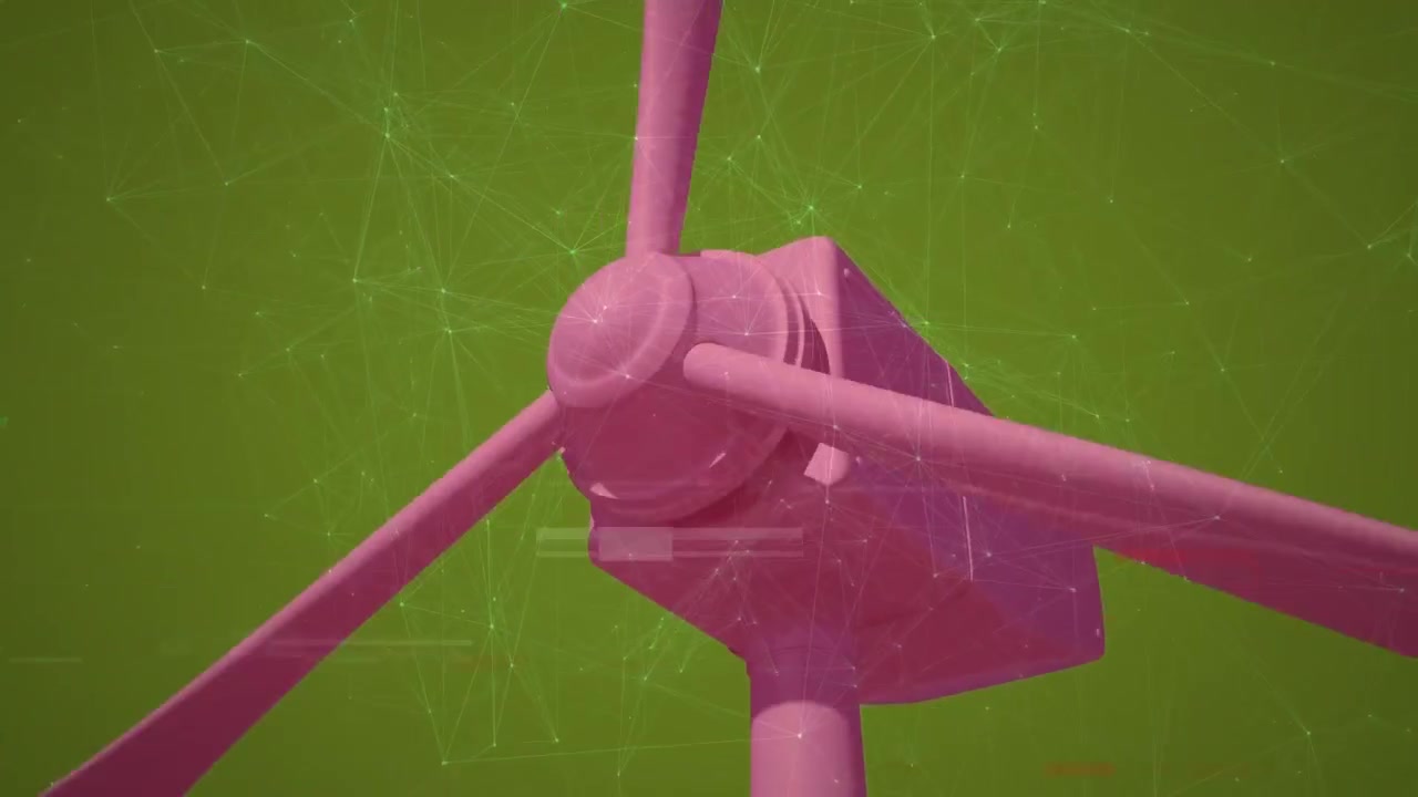 Animation of interference and network of connections over wind turbine on green background