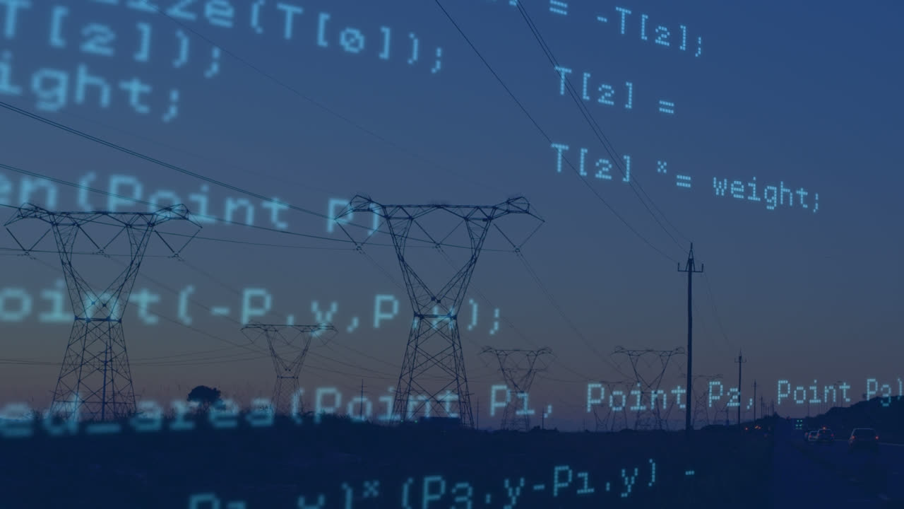 Animation of data processing over pylons and sky