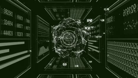 animation of data processing and network of connections on black background