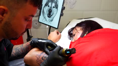 tattoo artist creates a pet portrait tattoo of a husky for a woman