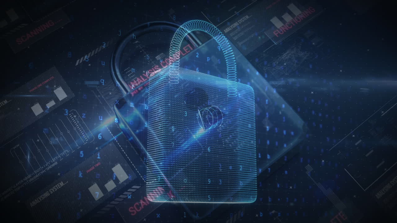 Animation of warning data processing, online security padlock and circuit board