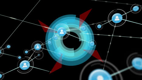 animación de la red de conexiones con iconos sobre el escaneo de alcance sobre fondo negro