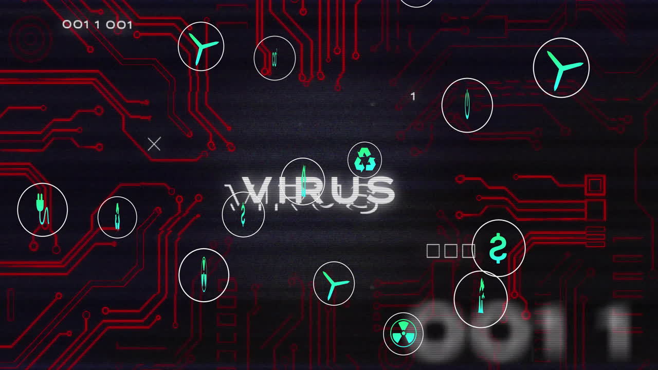 Animation of red virus warning text with digital circuit patterns and hazard symbols