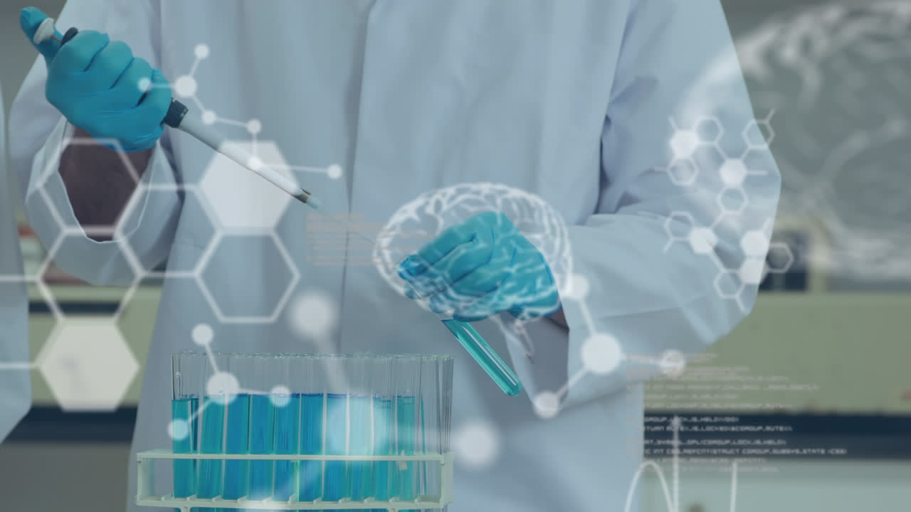 데이터 처리의 애니메이션, 디지털 인간 뇌 모델 및 분자, 실험실에서 일하는 의사