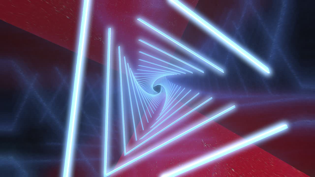 vuelo abstracto en un corredor futurista con triángulos, bucle sin costuras de fondo 4k, luz ultravioleta fluorescente, coloridas líneas de neón láser, túnel geométrico sin fin, espectro blanco-rojo, renderización 3d.
