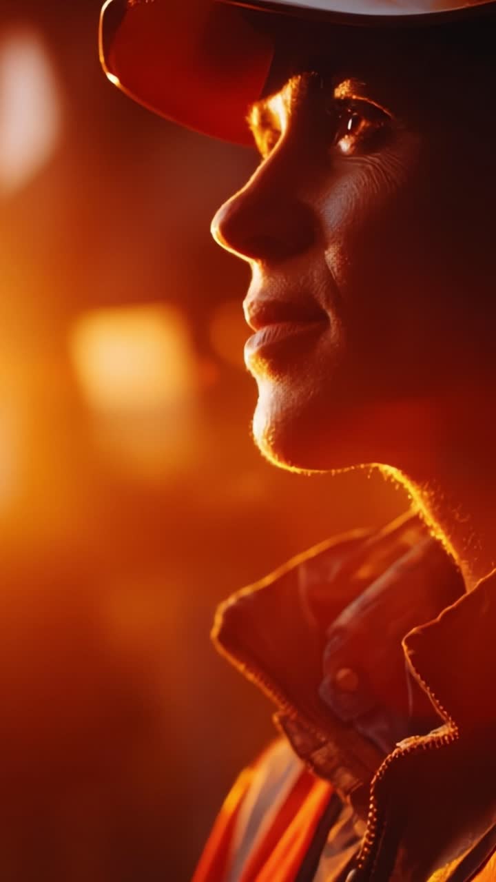 Ritratto di un lavoratore determinato su uno sfondo illuminato da un caldo tramonto, che mette in risalto la resilienza e la dedizione al mestiere, sottolineando un momento di riflessione e l'impegno per la sicurezza sul lavoro