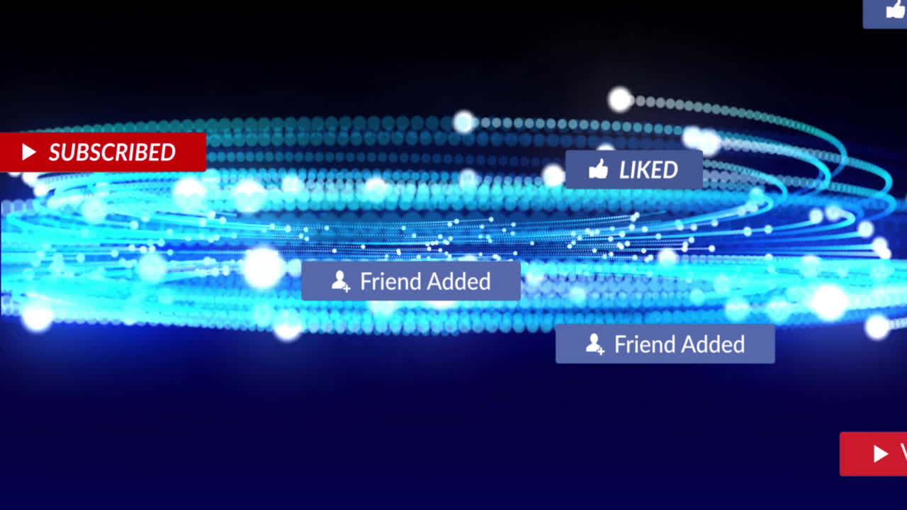 검은 바탕에 반이는 불빛 위에 소셜 미디어 텍스트의 애니메이션