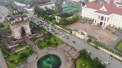 aerial view of the war memorial gate at vientiane laos with sunrise