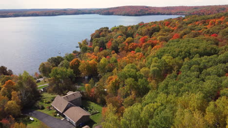 Bellas-Imágenes-Aéreas-De-Los-Coloridos-Bosques-A-Orillas-De-Un-Lago-En-Otoño-En-La-Zona-Del-Lago-Muskoka-De-Ontario,-Canadá