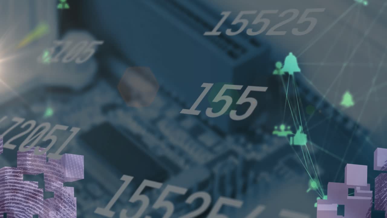 컴퓨터 서버의 클로즈업에 맞춰 변하는 숫자와 디지털 아이콘의 전 세계 애니메이션