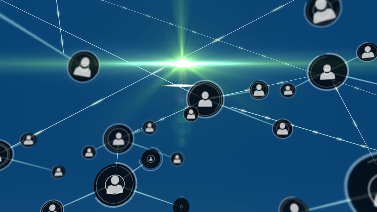 Animation of network of connections with icons over blue background