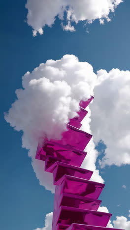 pink abstract sculpture reaching into clouds