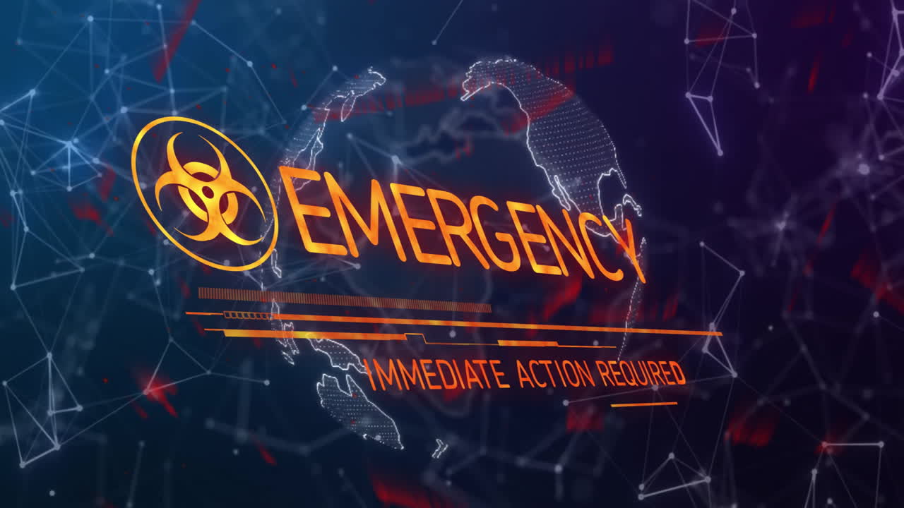 Biohazard symbol alert with animation over digital world map and network connections