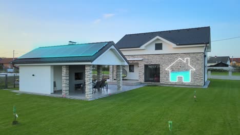 smart home with rooftop solar panel and animation logo of renewable energy