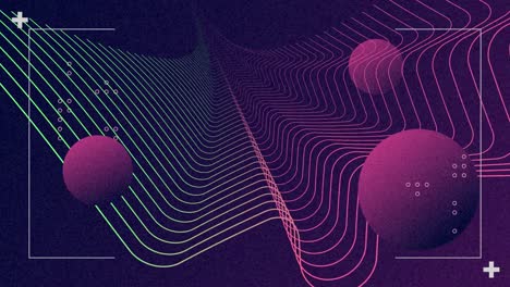 animación de esferas púrpuras de gradiente con mallas móviles y marcadores de alcance escaneo y procesamiento de datos