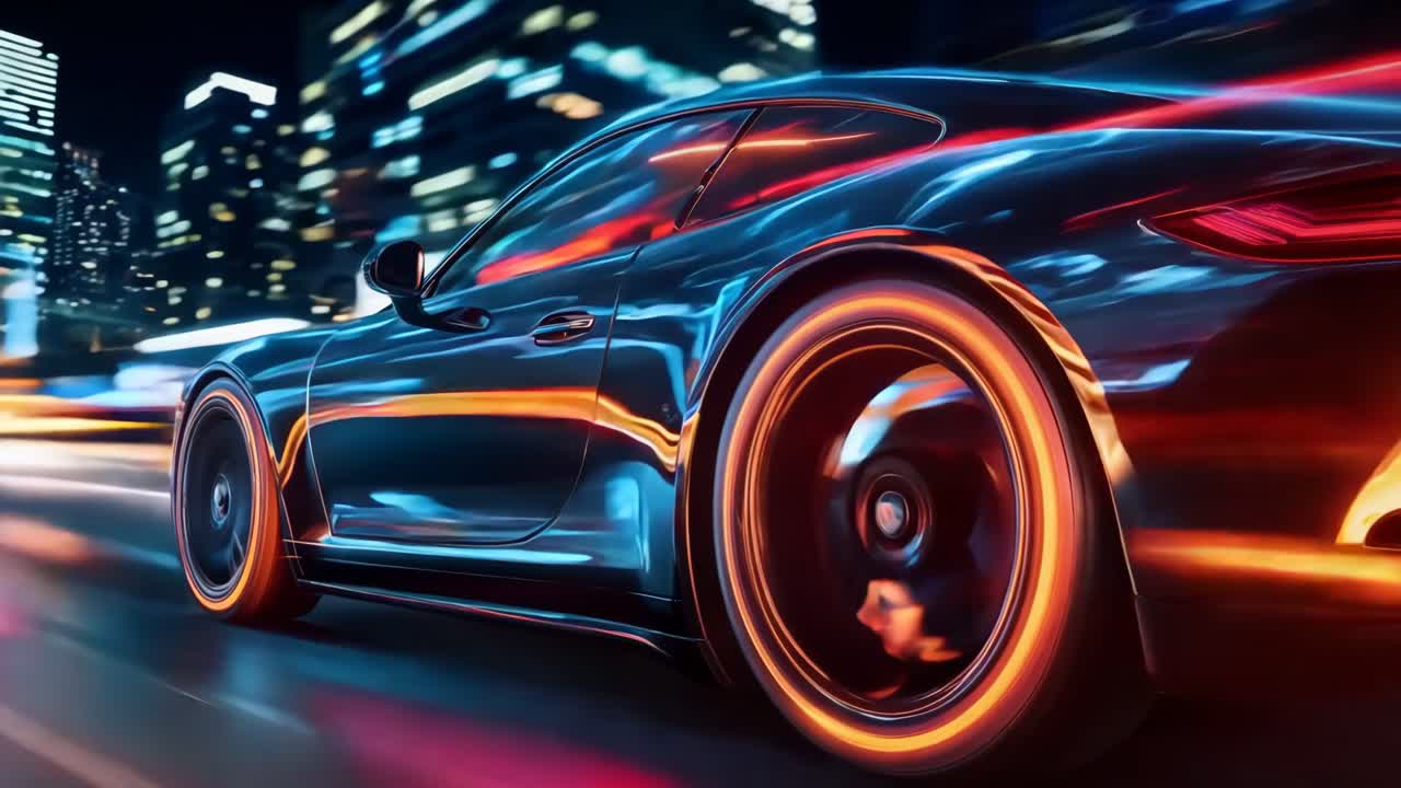 un coche deportivo azul conduciendo por una calle de la ciudad por la noche