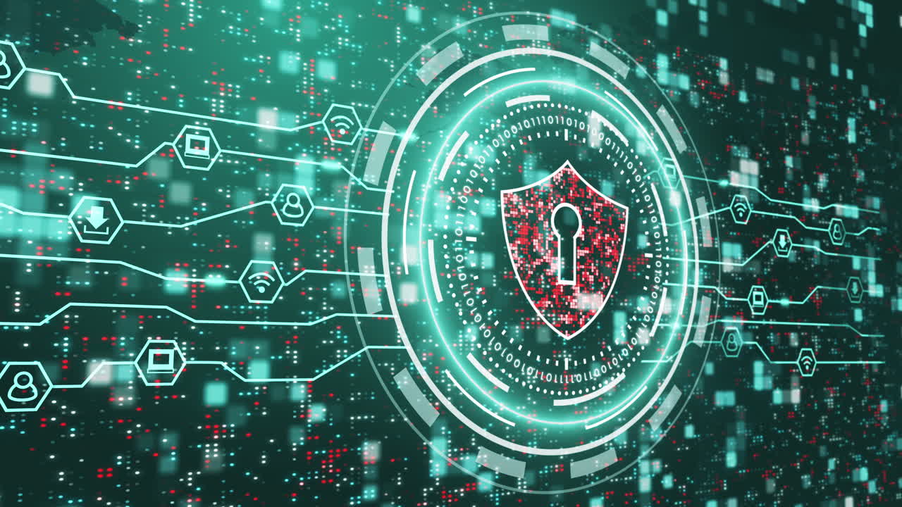 Red cyber security shield neon icon. Digital protection of network data and users. Green background with flashing dots and lines.