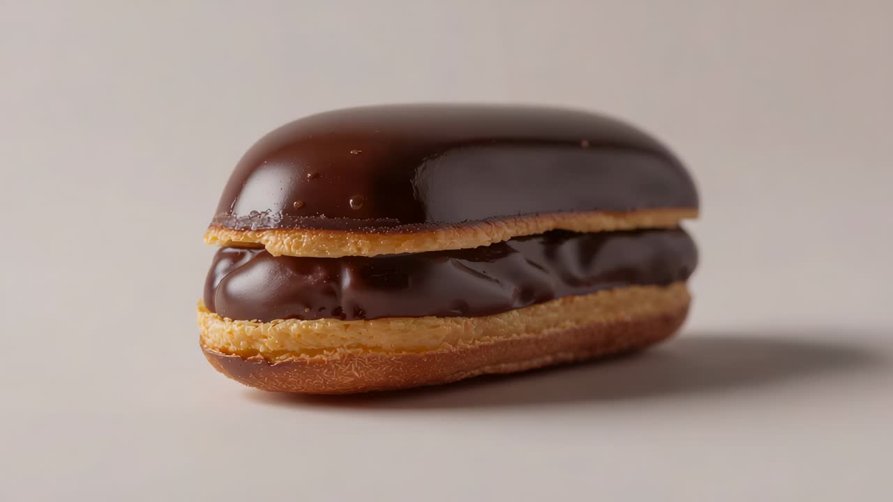 Rotating camera revealing chocolate eclair on studio tabletop, exposing angles and glaze details