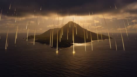 golden light beams descend upon a mystical island in the ocean