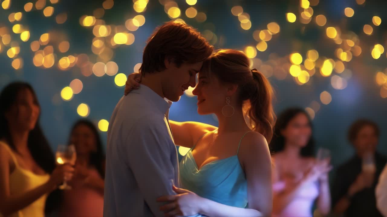 A Magical Moment: A Romantic Dance Under a Canopy of Twinkling Lights, Celebrating Love and Connection in a Charming Evening Setting with Friends and Joyous Atmosphere