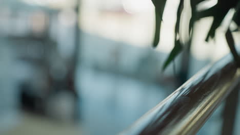 a close-up shot of a handrail with a blurred background, featuring part of a plant's leaves on the right side. the background includes an indoor setting with depth-of-field effect