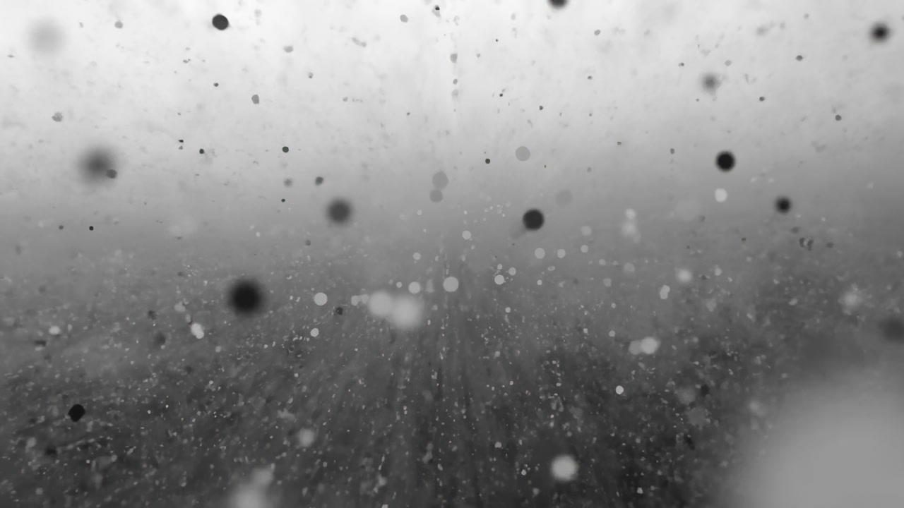Monochrome Floating Particles Over Dark Field, Slow Drifting Bokeh, Dust Motes And Ink Droplets, Grainy