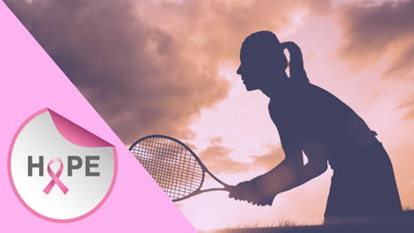 animation of pink ribbon logo with hope text over woman playing tennis