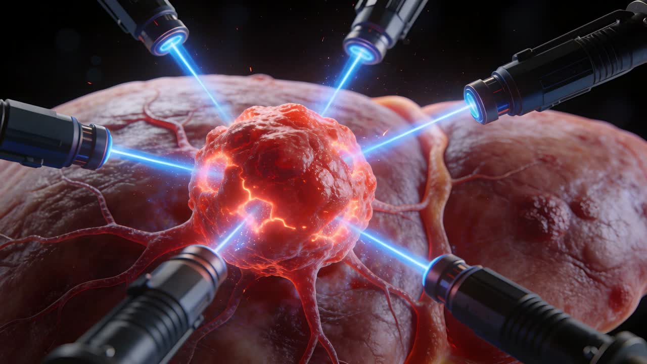 Raggi blu convergenti da sei sonde che mirano a una lesione centrale sulla superficie di un organo, emettendo fessure.