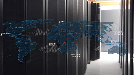 animation of circuit board pattern and geometric shapes on map over data server room