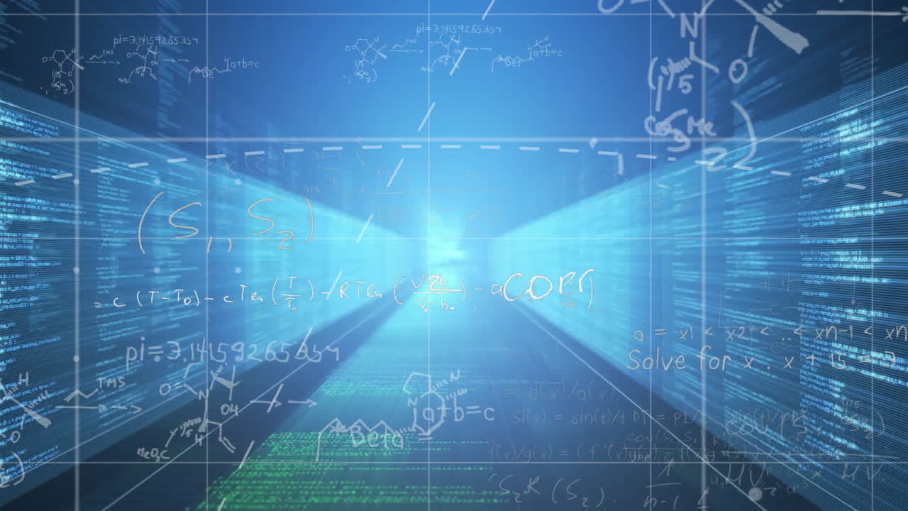 Processing digital data, mathematical equations animating over futuristic blue background