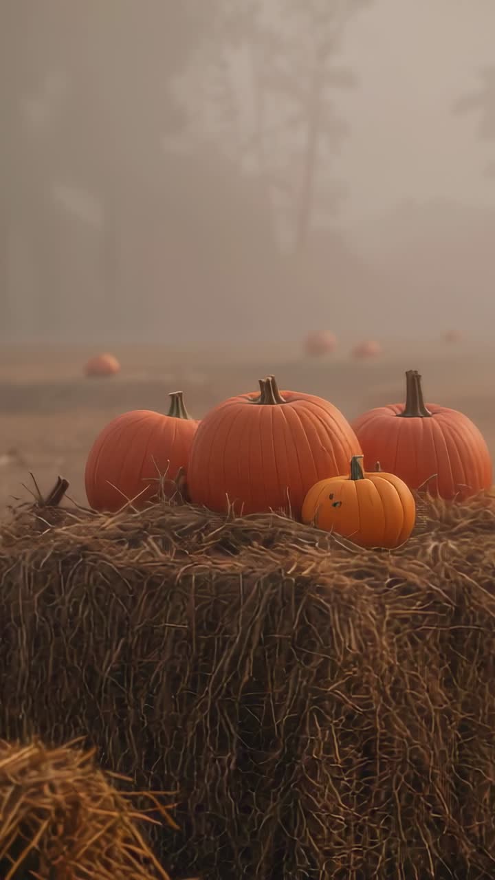 Vertical video: After two-second hold, camera panning across field, revealing pumpkins on hay bales