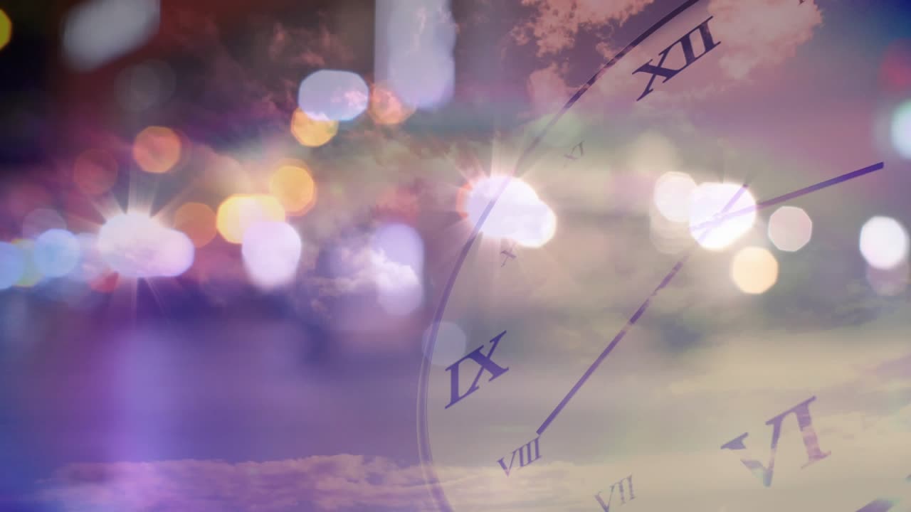 Overlaying translucent clock initiating rotating hands marking time with bokeh lights pulsing