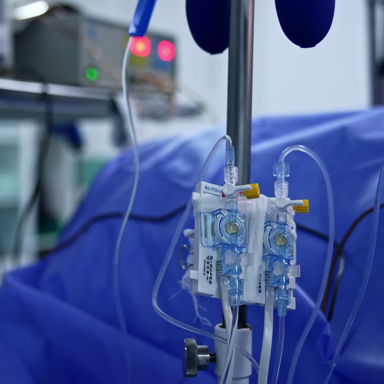 Medical equipment for slow medicine infusion. Surgery room appliances used at surgeries. Close up