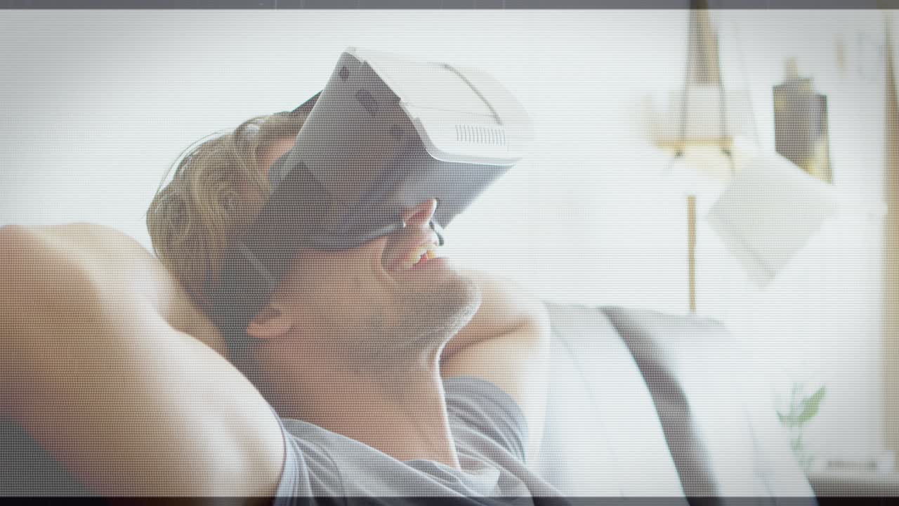 스 ⁇  스캔과 데이터 처리의 애니메이션 vr 헤드 ⁇ 을 착용한 사람