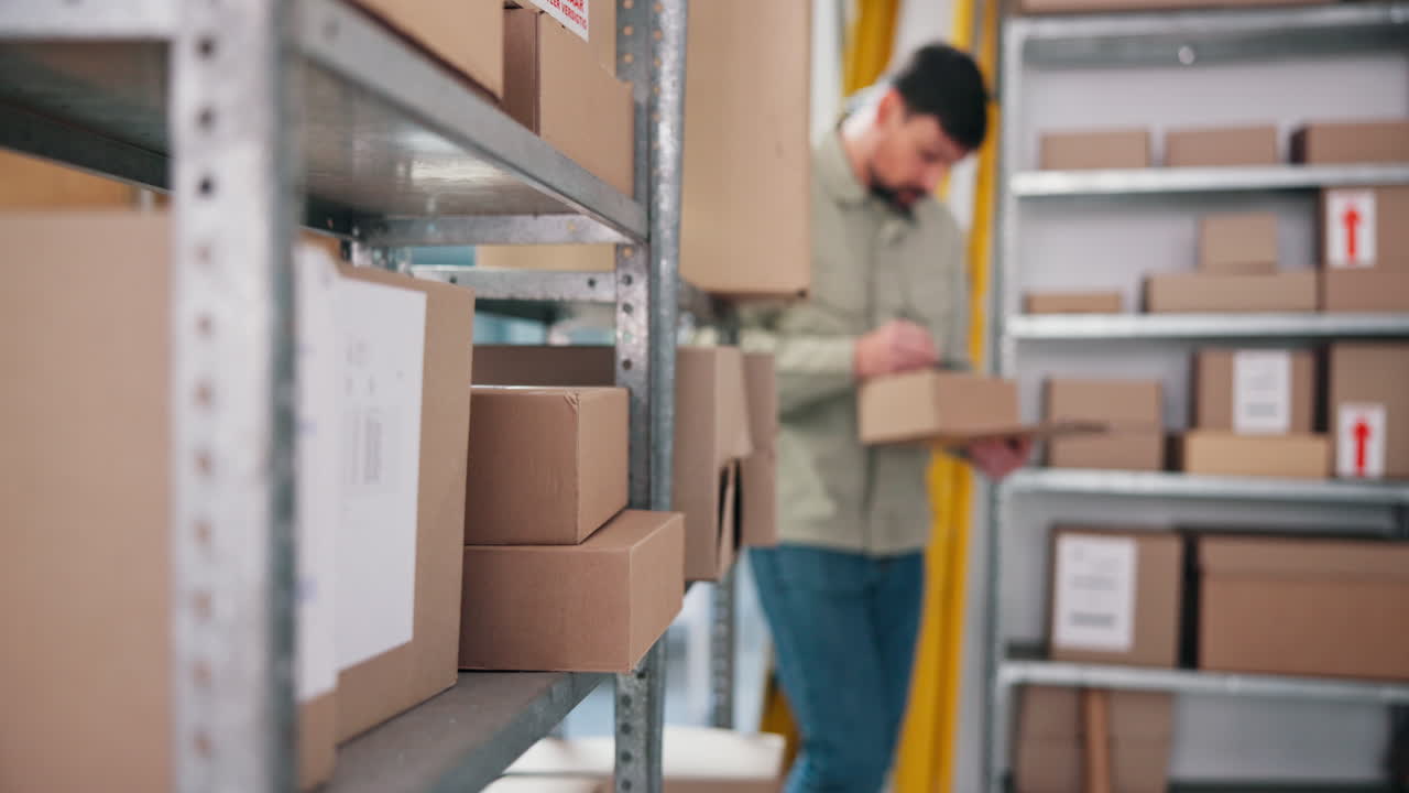 Magazziniere che fa l'inventario delle scatole