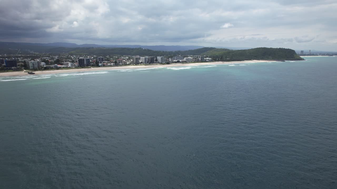 playa de palmeras volando hacia la montaña burleigh - costa de oro - queensland qld - australia - disparo de avión no tripulado
