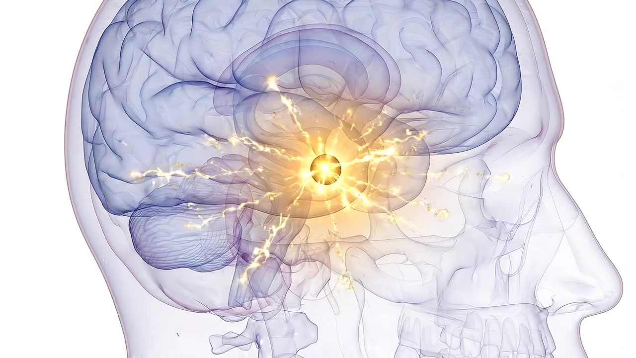 Testa di profilo con area focale luminosa all'interno del cervello umano in vista medica