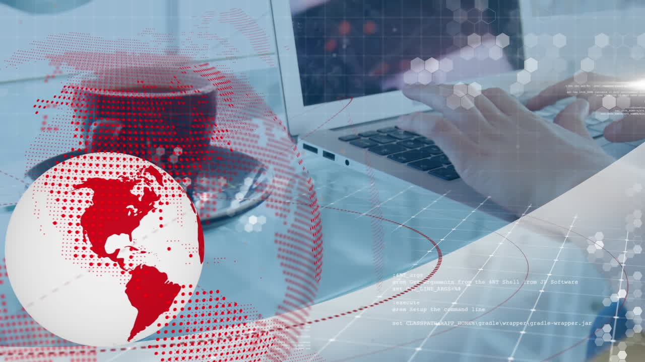 animación del globo con una red de conexiones sobre una mujer usando una computadora portátil