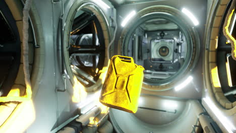 floating yellow container in futuristic space station setting