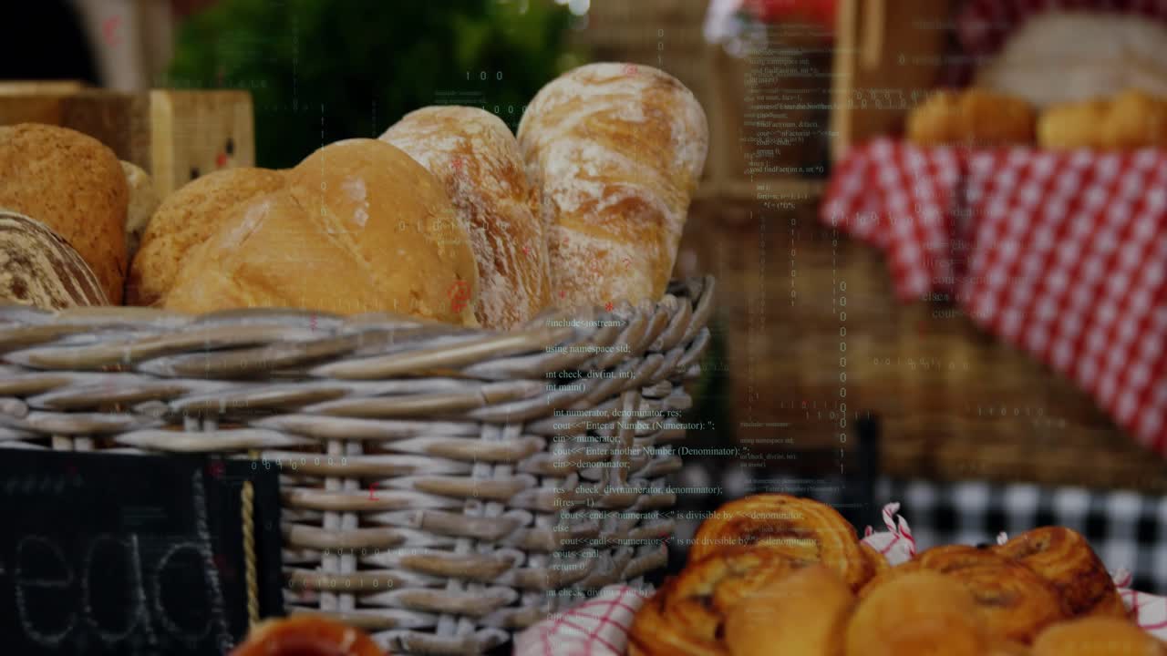 Opening showing wicker basket of pastries on checked cloth as camera panning revealing bakery stall