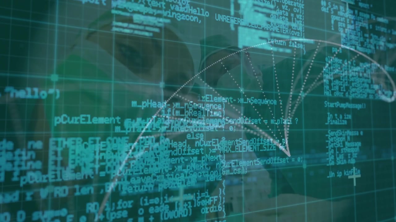 Medical Professionals with Digital Code and DNA Helix Overlay